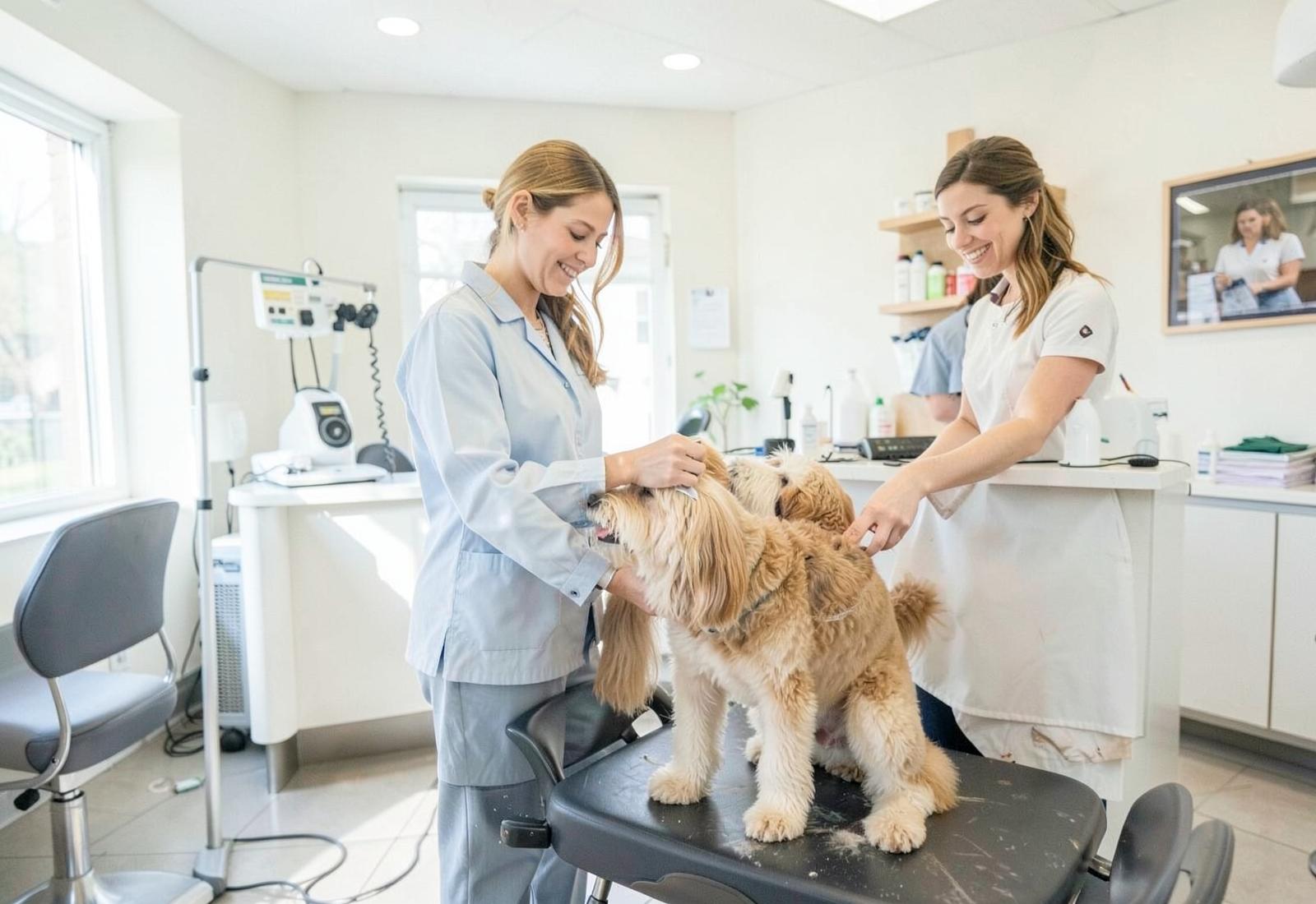 Groomer and vet caring for a dog in a bright clinic