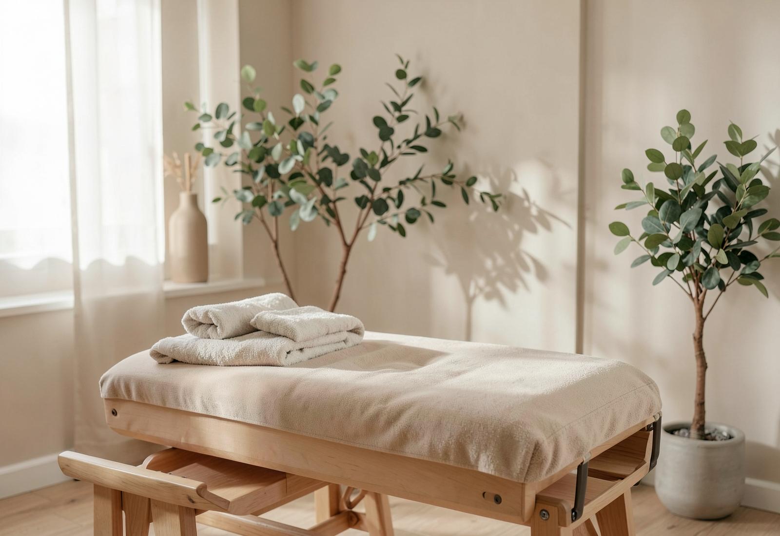 Calm wellness therapy room with a massage table and plants